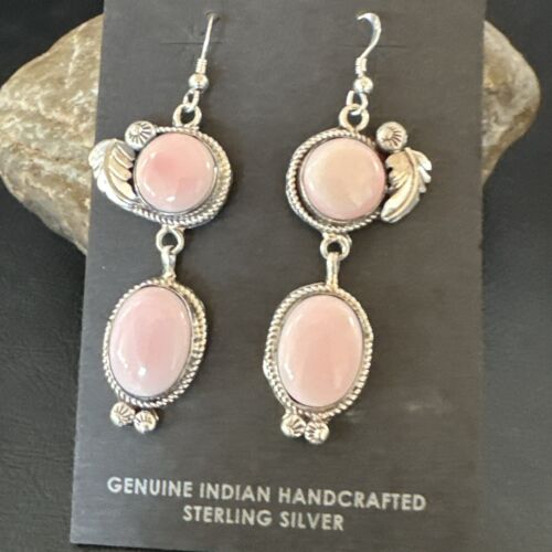 Navajo Pink Conch Shell Dangle Earrings | Sterling Silver | Authentic Native American Handmade | 17191