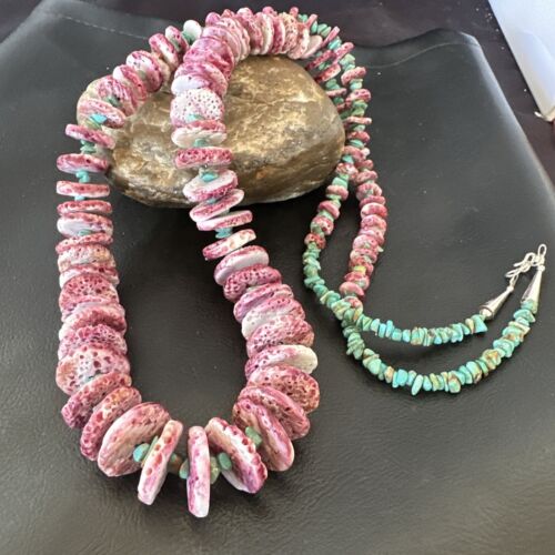 Authentic Navajo Purple Spiny Oyster & Blue Turquoise Necklace | Sterling Silver Navajo Pearls | 34" | 16791