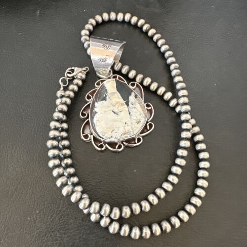 Men's White Buffalo Turquoise Pendant | Navajo Pearl Sterling Silver Necklace 21" | 17036