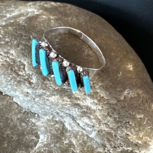 Zuni Blue Turquoise Needle Point Ring | Authentic Native American Sterling Silver | Multi-Stone | Sz 8 | 15398