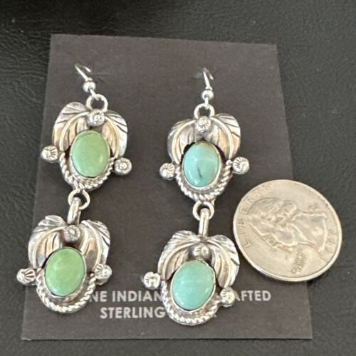 Navajo Blue Green Turquoise Dangle Earrings | Sterling Silver | 1.5" | Authentic Native American Handmade | 17386