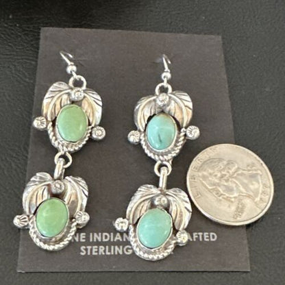 Navajo Blue Green Turquoise Dangle Earrings | Sterling Silver | 1.5" | Authentic Native American Handmade | 17386