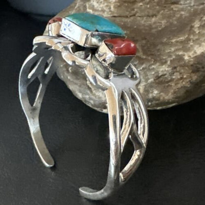 Kingman Turquoise Coral Cuff Bracelet | Navajo Tufa Cast | Sterling Silver | Authentic Native American Handmade | 16779