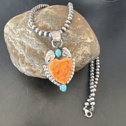 Navajo Spiny Oyster Heart | Turquoise Pendant Necklace | Sterling Silver | Authentic Native American Handmade | 16457