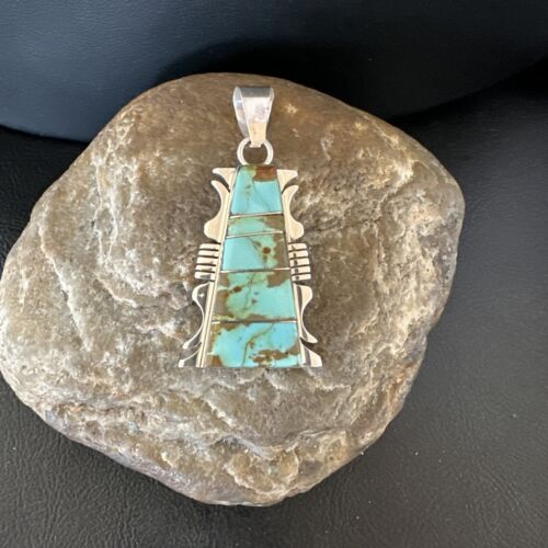 Navajo Blue #8 Turquoise Inlay Pendant | Sterling Silver | 2" | Authentic Native American Handmade | 15682