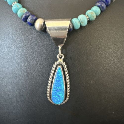 Navajo Opal Inlay Pendant with Turquoise & Lapis | Sterling Silver Necklace | Authentic Native American Handmade | 16848