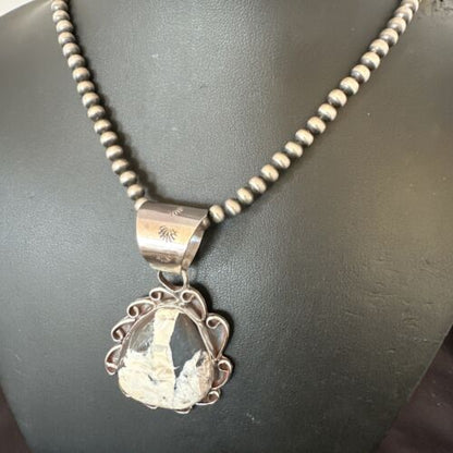 Men's White Buffalo Turquoise Pendant | Navajo Pearl Sterling Silver Necklace 21" | 17036