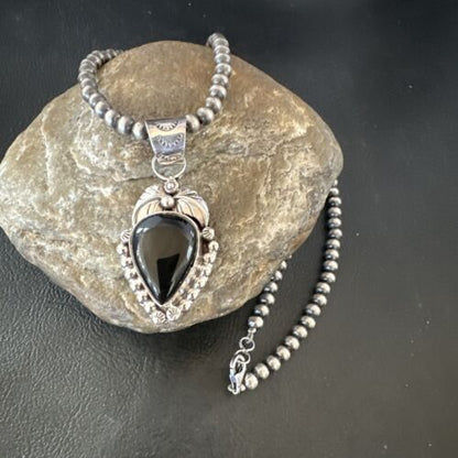Navajo Pearls Black Onyx Necklace Pendant | Sterling Silver | Authentic Native American Handmade | 16529