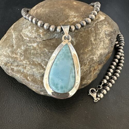 Navajo Blue Larimar Pendant Necklace | Sterling Silver Beads | Authentic Native American Handmade | 16963
