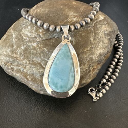 Navajo Blue Larimar Pendant Necklace | Sterling Silver Beads | Authentic Native American Handmade | 16963