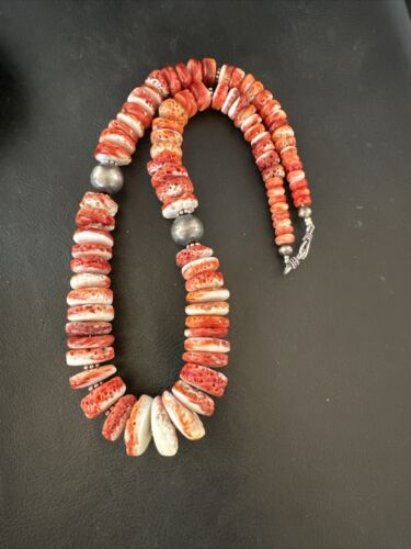 Navajo Red Spiny Oyster Graduated Necklace | Sterling Silver | Authentic Native American | 30" | 17405