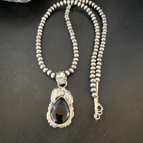 Navajo Pearls Black Onyx Necklace | Sterling Silver | Authentic Native American Handmade | 16133