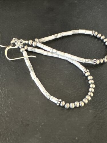 Navajo White Howlite Heishi Dangle Earrings | Sterling Silver | 2" | Authentic Native American Handmade | 15348