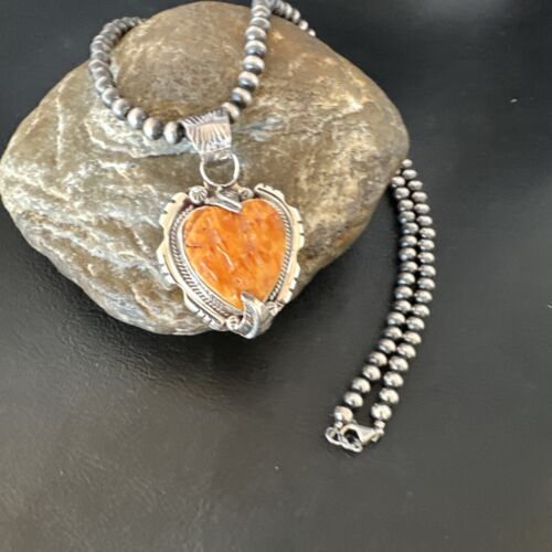 Navajo Orange Spiny Oyster Heart Pendant Necklace | Sterling Silver | Authentic Native American Handmade | 16296