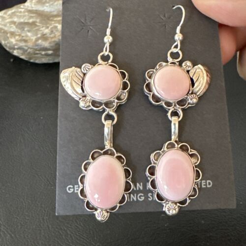 Navajo Pink Conch Shell Dangle Earrings | Sterling Silver | Authentic Native American Handmade | 17214