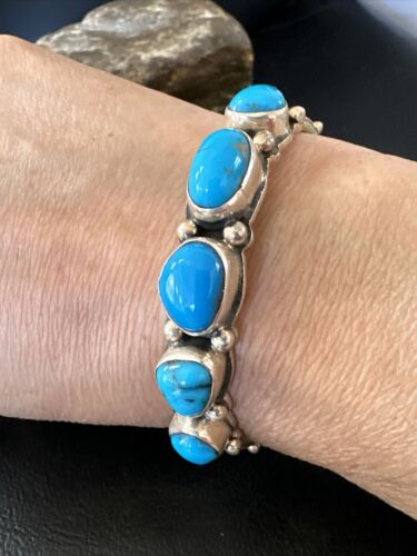 Navajo Blue Kingman Turquoise Cuff Bracelet | Sterling Silver | 5 Stone | Authentic Native American Handmade | 15988 - Masha USA