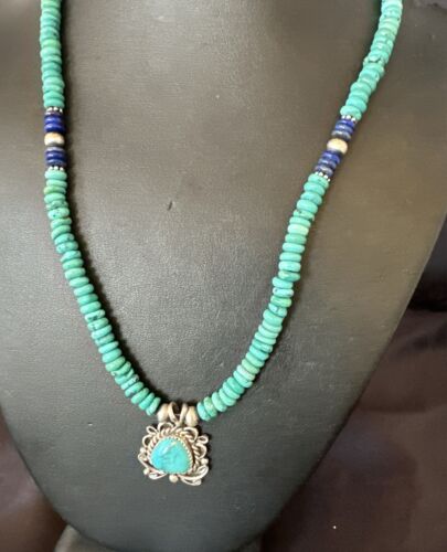 Blue Turquoise Pendant | Navajo Pearls Lapis | Sterling Silver Necklace 21" | 17539