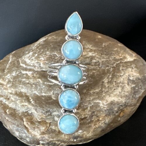 Navajo Women's Cluster Blue Larimar Ring | Authentic Native American Sterling Silver | Multi-Stone | Sz 7.5 | 16151