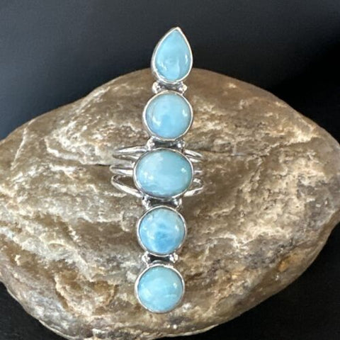 WoMens Cluster Blue Larimar Navajo Sterling Silver Ring Size 7.5 16151