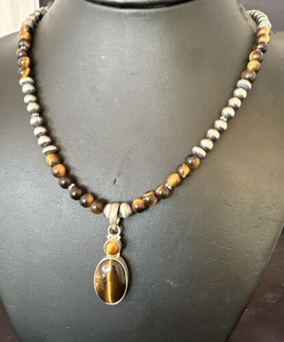 Southwestern Coffee Brown Tiger's Eye Multi-Stone Pendant Necklace | Sterling Silver | 21" | 17052