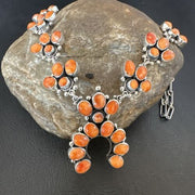 Navajo Orange Spiny Oyster Squash Blossom Necklace | Sterling Silver | Authentic Native American Handmade | 16830