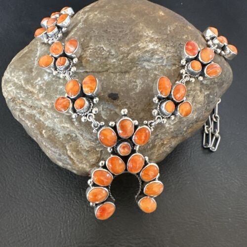 Navajo Orange Spiny Oyster Squash Blossom Necklace | Sterling Silver | Authentic Native American Handmade | 16830
