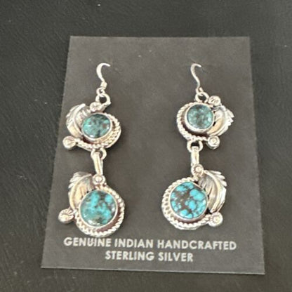 Navajo Blue Spiderweb Turquoise Dangle Earrings | Sterling Silver | Authentic Native American Handmade | 16011
