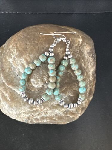 Navajo Green Turquoise Bead Earrings | Sterling Silver Pearls | 2" | Authentic Native American Handmade | 15141