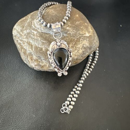 Navajo Pearls Black Onyx Necklace Pendant | Sterling Silver | Authentic Native American Handmade | 16528