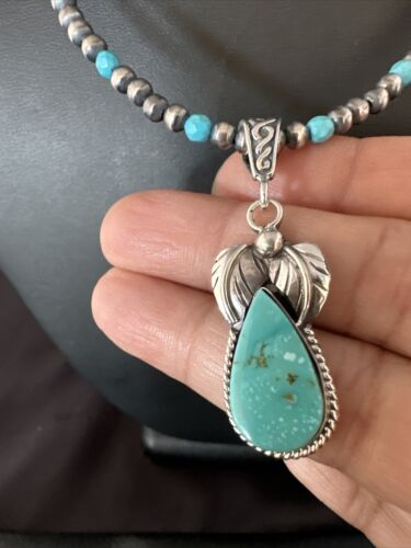 Navajo Pearls Kingman Turquoise Pendant Necklace | Sterling Silver | Authentic Native American Handmade | 14892