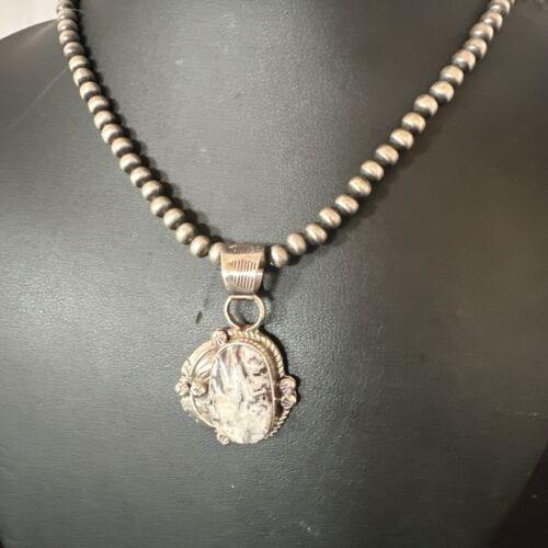 Men's White Buffalo Turquoise Pendant Necklace | Navajo Pearls | Sterling Silver | Native American Handmade | 17334