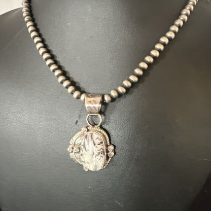 Men's White Buffalo Turquoise Pendant Necklace | Navajo Pearls | Sterling Silver | Native American Handmade | 17334