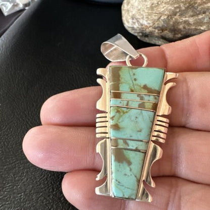 Navajo Blue #8 Turquoise Inlay Pendant | Sterling Silver | 2" | Authentic Native American Handmade | 15684