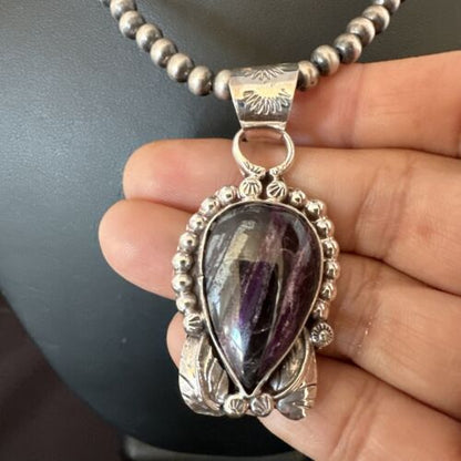 Navajo Pearls Purple Sugilite Pendant Necklace | Sterling Silver Beads | Authentic Native American Handmade | 16462