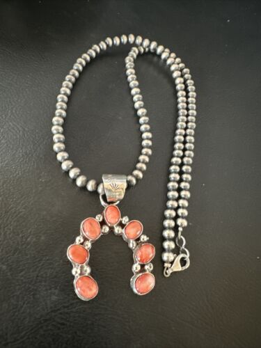 Navajo Red Spiny Oyster Naja Pendant Necklace | Sterling Silver | 20" | Authentic Native American Handmade | 15759