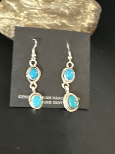 Kingman Turquoise Dangle Earrings | Navajo Handmade | Sterling Silver | Authentic Native American | 14868