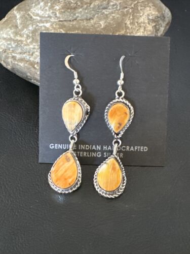 Navajo Orange Spiny Oyster Dangle Earrings | Sterling Silver | 1.5" | Authentic Native American Handmade | 16575