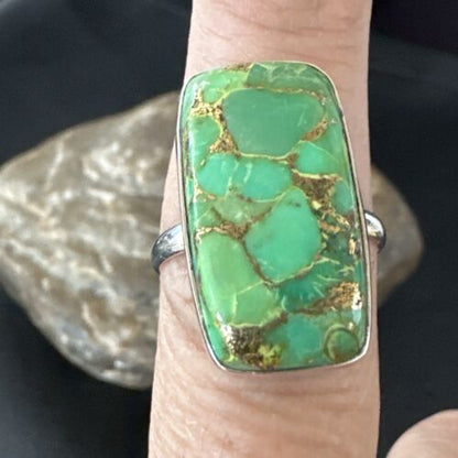 Navajo Green Mojave Turquoise Ring | Sterling Silver | Sz 8 | Authentic Native American Handmade | 16054