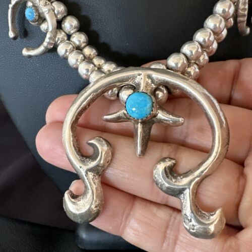 Navajo Blue Turquoise Naja Pendant Squash Blossom Necklace | Sterling Silver | Authentic Native American Handmade | 16172