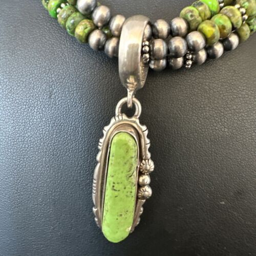 Navajo Pearl Green Gaspeite Turquoise Pendant Necklace Set | Sterling Silver | 3-Strand | 16094