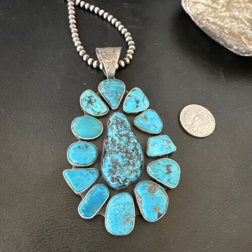 Navajo Blue Kingman Turquoise Cluster Pendant Necklace | Sterling Silver | Authentic Native American Handmade | 16795