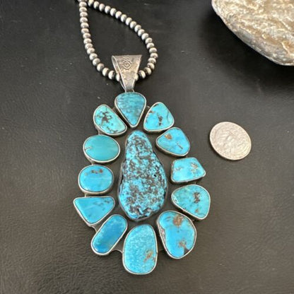 Navajo Blue Kingman Turquoise Cluster Pendant Necklace | Sterling Silver | Authentic Native American Handmade | 16795