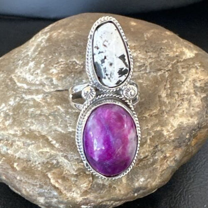 Navajo White Buffalo Turquoise Sugilite Ring | Authentic Native American Sterling Silver | Multi-Stone | Sz 9.5 | 16718