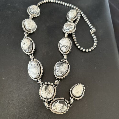 Navajo White Buffalo Turquoise Lariat Necklace | Sterling Silver | Authentic Native American Handmade | 17444