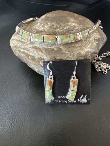 Navajo Choker Necklace with Blue #8 Turquoise Inlay | Sterling Silver Earrings Set | Authentic Native American Handmade | 16266