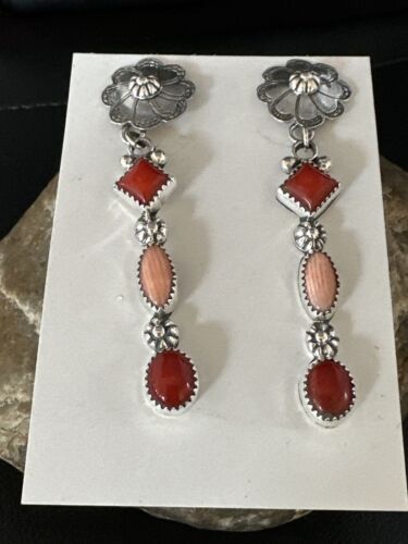 Navajo Red Pink Coral Mother of Pearl Dangle Earrings | Sterling Silver | Authentic Native American Handmade | 15327