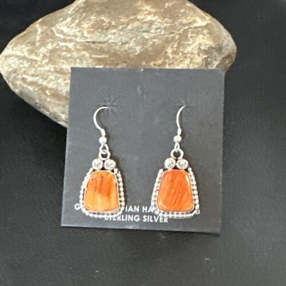 Navajo Orange Spiny Oyster Dangle Earrings | Sterling Silver | Authentic Native American Handmade | 17274