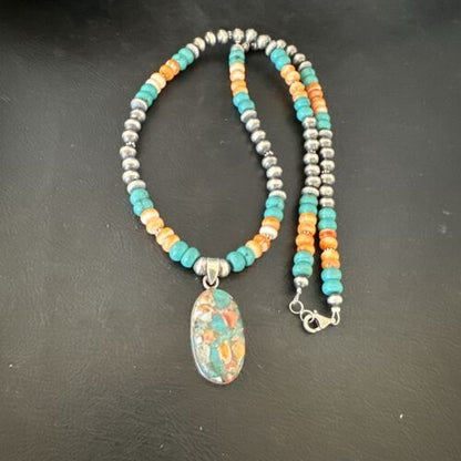 Navajo Spiny Turquoise Pendant Necklace | Sterling Silver | 22" | Authentic Native American Handmade | 17429