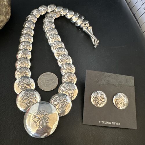 Navajo Pearls Sterling Silver Graduated Pillow Bead Necklace & Earrings Set | Authentic Native American Handmade | 15634