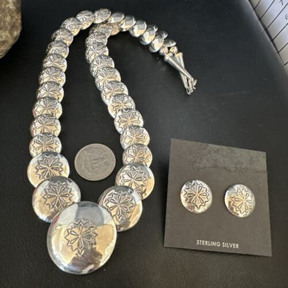 Navajo Pearls Sterling Silver Graduated Pillow Bead Necklace & Earrings Set | Authentic Native American Handmade | 17472